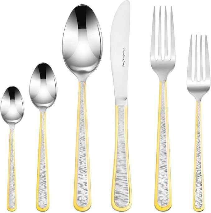 Venezia Collection Gold Flatware Serving Set for 12, 75-Pc Luxury Dining Silverware Cutlery Service, 24 Kt 18/10 Premium Surgical Stainless Steel Hostess Set in a Wooden Storage Case Chest