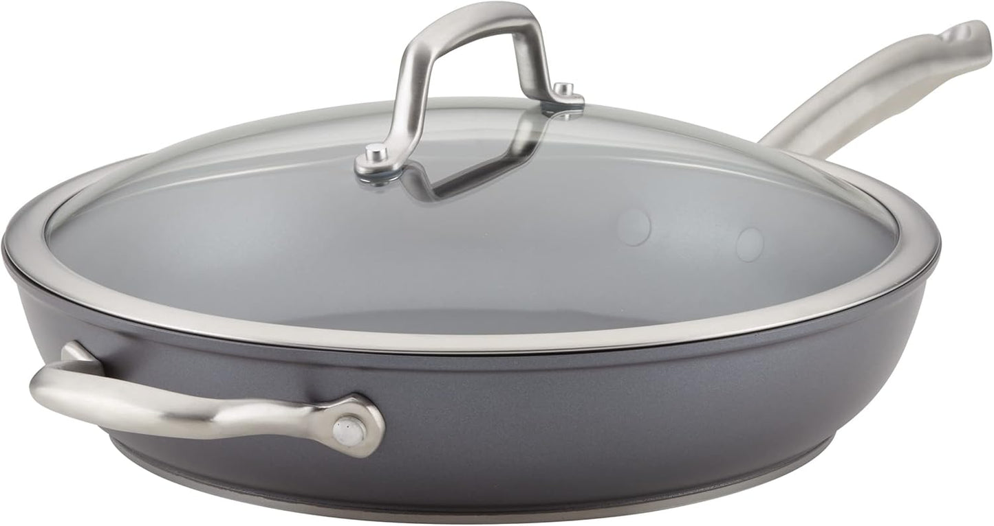 Anolon Accolade Forged Hard Anodized Nonstick Deep Frying Pan / Skillet with Helper Handle and Lid, 12 Inch - Moonstone Gray