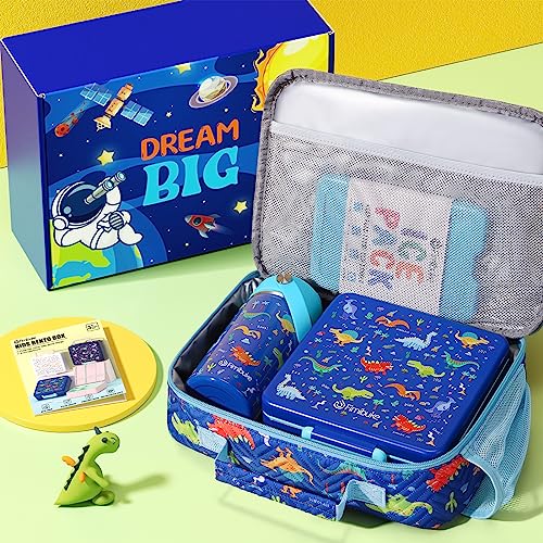 Kids Bento Lunch Box with Toddler Insulated Water Bottle Lunch Bag (A3. Blue Dinosaur)