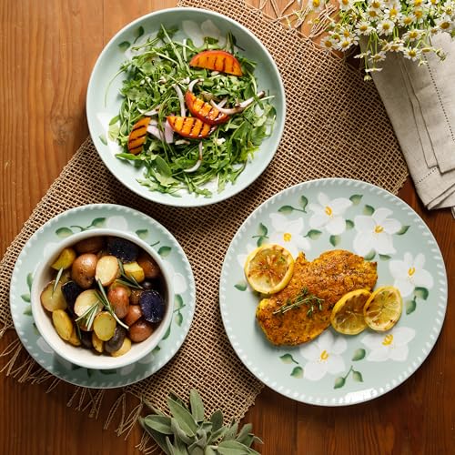Magnolia Bloom 16 Piece Double Bowl Hand Painted Stoneware Plates and Bowls Floral Dinnerware Set (Magnolia Blom / Service for Four (16pcs))