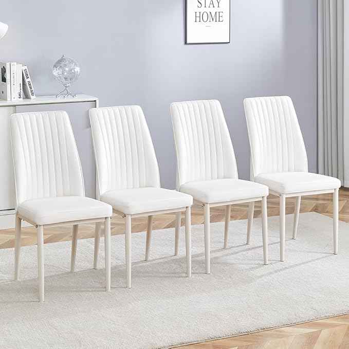 Modern Dining Chairs Set - 4 PU Leather Armless Chairs with Metal Legs for Dinner Room, Office, Waiting Room (Set of 4, All-White)