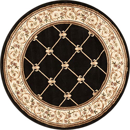 Timeless Collection Fleur De Lis Black 8' Foot Round Luxurious Traditional French Aubusson Oriental Area Rug Perfect for Living Room Bedroom or Dining Room Easy (7'10" (Round) / Black)