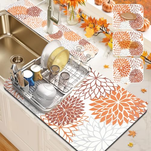 2Pcs Fall Dish Drying Mat & Sink Splash Guard (Orange / 12" X 20" + 24" X 5.5")