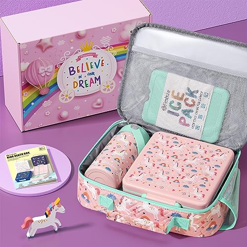 Kids Bento Lunch Box with Toddler Insulated Water Bottle Lunch Bag (A1. Unicorn)