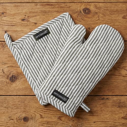 Oven Mitts and Pot Holders Set (Oven Glove + Pot Holder / Ticking Black)