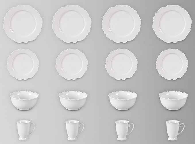 HomeVss, New Bone China Dinnerware Set, Embossed Winds, Service for 4-16pc Set
