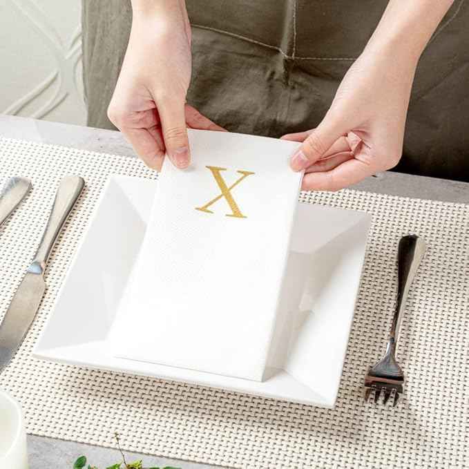 Luxenap 15.8 X 7.9 Inch Linen-Feel Guest Towels, 50 Lettered Hand Towels - Gold Letter 'X', Sans Serif Font, White Paper Dinner Napkins, airlaid, For Restrooms And Tables - Restaurantware