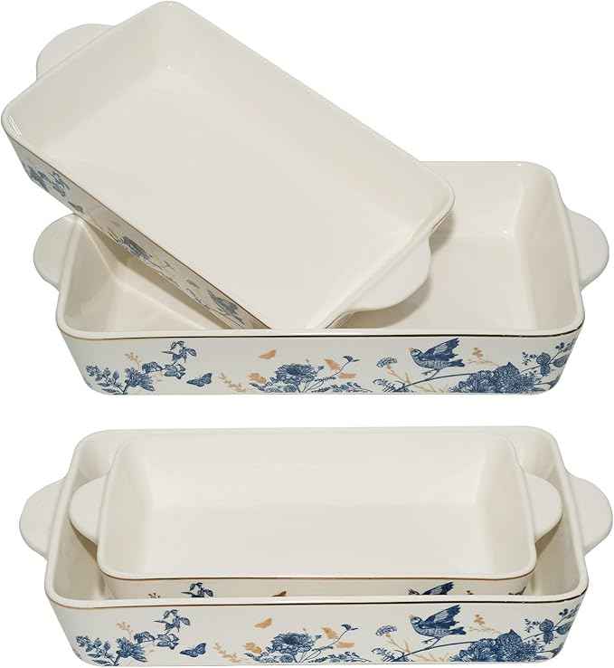 Baking Pans Set of 2 Blue flower 14 inch Ceramic for Oven Large Casserole Baking Dish Set with Handles Porcelain Bakeware Sets Casserole Dish for Oven/Cooking/Kitchen/Cake Dinner/Turkey/Pumpkin/Thanksgiving Holiday Gifts