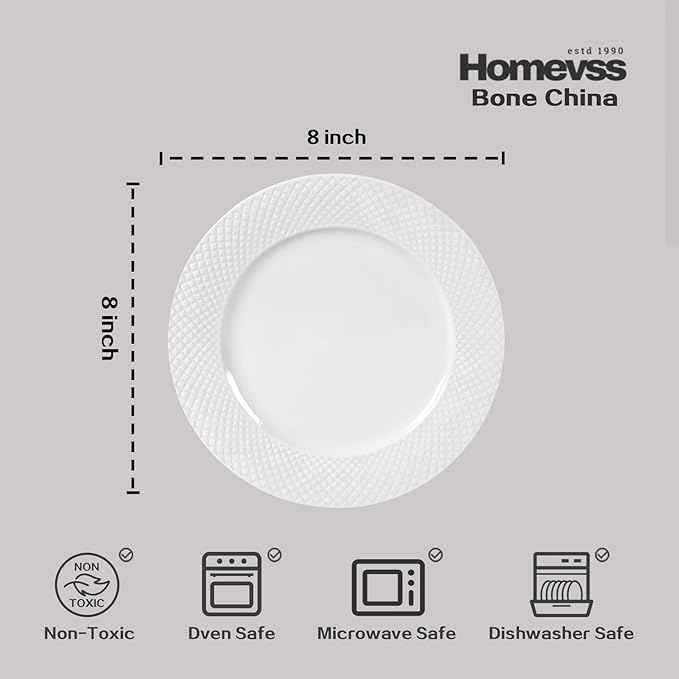 HomeVss, New Bone China Dinnerware Set, Embossed Diamond Design, 18pc Set