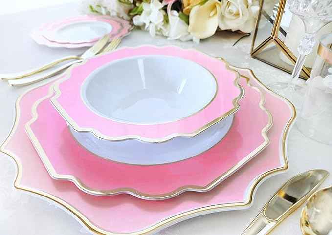 " OCCASIONS " 320 Piece set (40 Guests)-Heavyweight Wedding Party Disposable Plastic Plate Set - 40 x 10.5'' + 40 x 8'' + Silverware + Cups + Napkins (Imperial in Rose Pink & Gold)