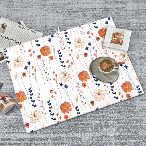 Orange Flower Decorative Dish Drying Mat for Kitchen Counter Watercolor Orange Floral Drying Pad 18x24 Inch Modern Absorbent Reversible Dish Drainer Rack Mats (Orange Flower / 18 x 24 inch)