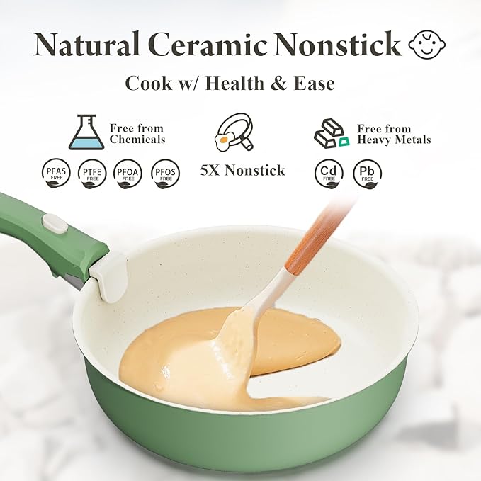 Bazova Ceramic Nonstick Cookware Set, Healthy,Non Toxic,17-Pieces Pots and Pans Set Removable Handles,Induction RV Kitchen Set,Stain & Scratch-resistant,Dishwasher/Oven Safe,PFAS/PFOA Free,Green