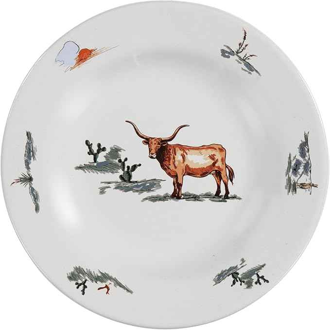 Paseo Road Ranch Life 16 Piece Ceramic Dinnerware Set with Plates, Bowls, Coffee Mugs, Duffle Bag, Cow Longhorn Horse Cowboy Pattern, Southwestern Rustic Cabin Lodge Style