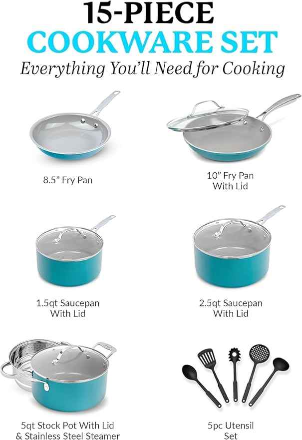 GOTHAM STEEL 15 Pc Ceramic Cookware Set, Ceramic Pots and Pans Set Non Stick with Cooking Utensils and Steamer, Non Toxic PFOA PFOS Free, Premium Stay Cool Handles, Oven & Dishwasher Safe, Blue