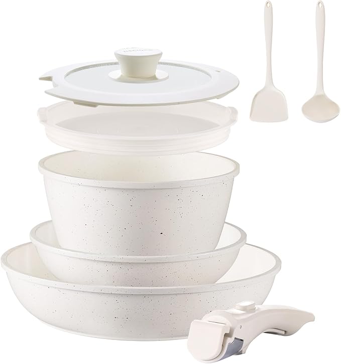 BECIGAR 8pcs Ceramic Pots and Pans Set, Non Stick Cookware Set, Detachable Handle Cookware, Induction Kitchen Cooking Set with Removable Handle,Oven Safe, Induction Fast, Stackable Cookware Set