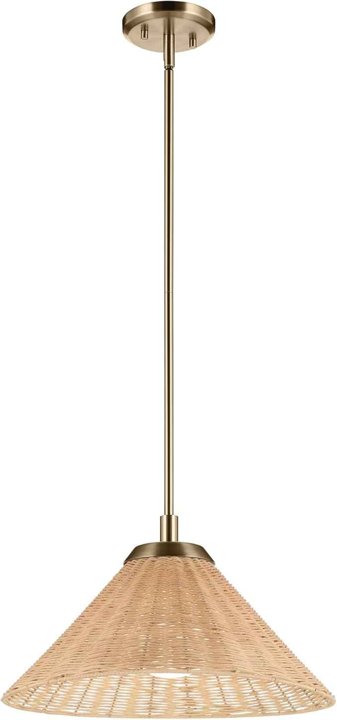 KICHLER Bekah 1-Light Convertible Pendant, Global Boho Light with Opal Glass and Handwoven Rattan Shade in Champagne Bronze, Sloped Ceiling Compatible, for Kitchen or Bedroom (10" x 18"), 52729CPZ