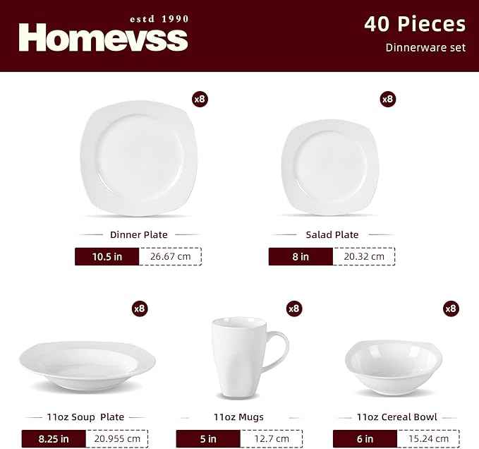 HomeVss, New Bone China Dinnerware Set, Coupe Square Shape, 40pc Set