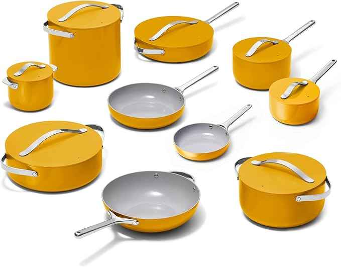 Caraway 24-Piece Nonstick Ceramic Cookware Set - Includes Fry Pans, Sauce, Sauté Pan, Dutch Oven, Petite Cooker, Stir Fry, Rondeau, Stock Pot, Lids & Storage Organizers - Marigold
