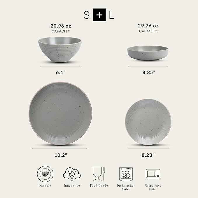 Stone Lain Lauren Stoneware, Rustic Plates and Bowls Set, Dinnerware, Service for 4, Speckled Green, Dishwasher & Microwave Safe, 16-Piece