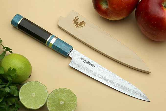 Yoshihiro VG-10 46 Layers Hammered Damascus Petty Utility Japanese Chef Knife Octagonal Turquoise Blue Handle (6'' (150mm))