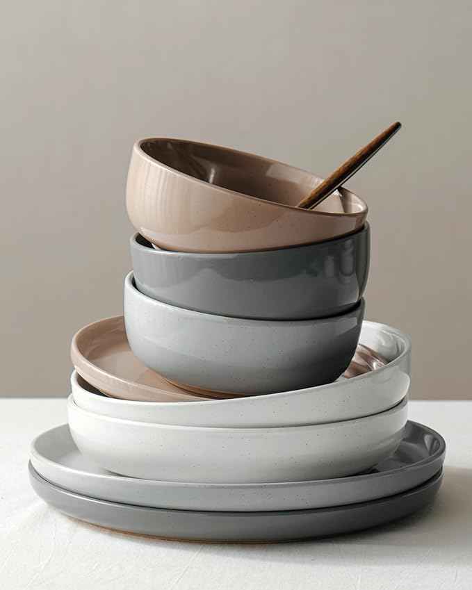 Famiware Milkyway Stoneware Dinnerware Sets with Mugs, Service for 4 (16pcs), Plates and Bowls Sets, Scratch Resistant, Microwave and Dishwasher Safe Dishes Set, Multi-color