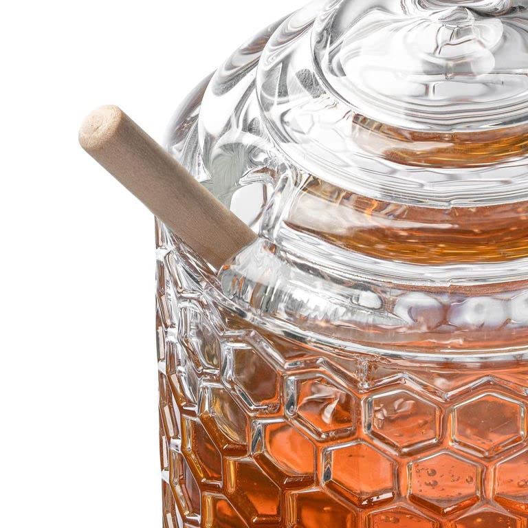 Glass Honey Pot with Beehive Lid and Wooden Dipper