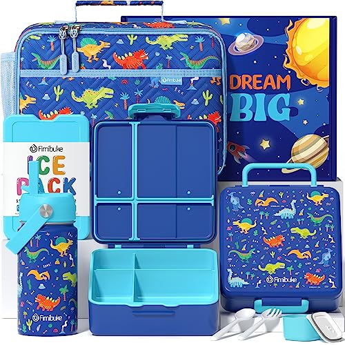 Kids Bento Lunch Box with Toddler Insulated Water Bottle Lunch Bag (A3. Blue Dinosaur)