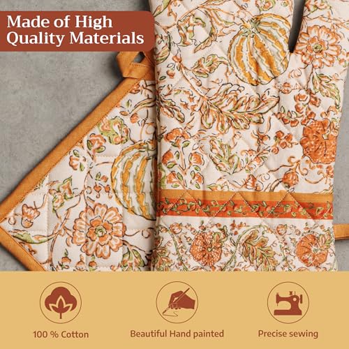100% Cotton Oven Mitt & Pot Holder Set (127 - Pumpkin Spice / 7.5" x 13" & 8" x 8" (Oven Mitt & Pot Holder))