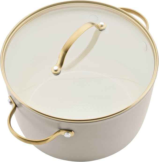 Farberware Forged Induction Ceramic Nonstick Pots and Pans Set with Cooking Tools, Dishwasher Safe, Gold Color Stainless Steel Handles, 12 Piece Cookware Set - Taupe