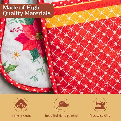 Double Oven Mitts 100% Cotton Double Oven Glove (117 - Poinsettia Christmas / 7" x 35" (Double Oven Mitt))