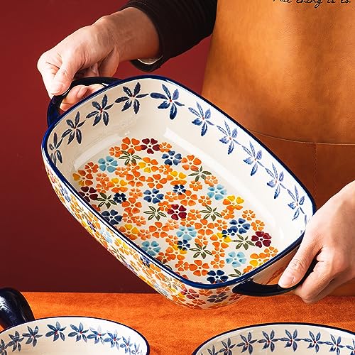 Retro pastoral style Ceramic Baking Dish Rectangular Bakeware Set Baking Pan (Colorful Flower)