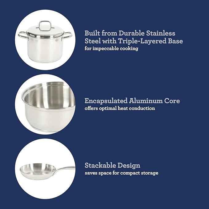 Oster Platinum Sedwick Stackable Stainless Steel Pots and Pans Cookware Set W/Domed Stainless Steel Lids W/TriPly Encapsulated Base - Induction Safe