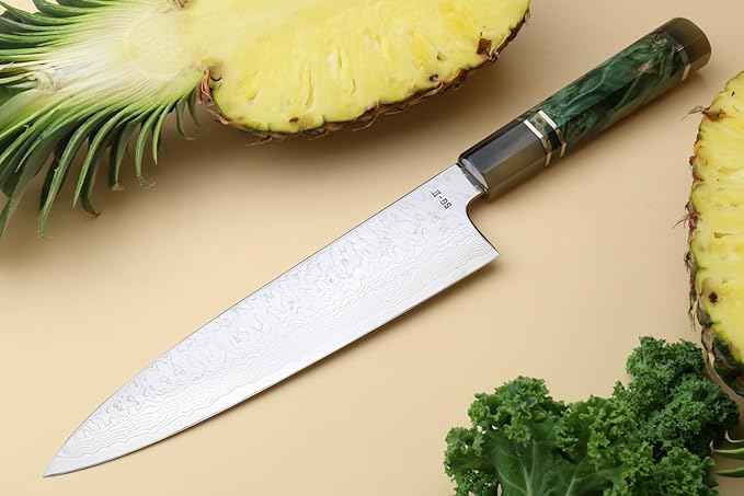 Yoshihiro Damascus SG2 (R2) Semi-Stainless Gyuto Chefs Knife (10.5'' (270mm), Stabilized Maple Burl Handle & Triple Ring)