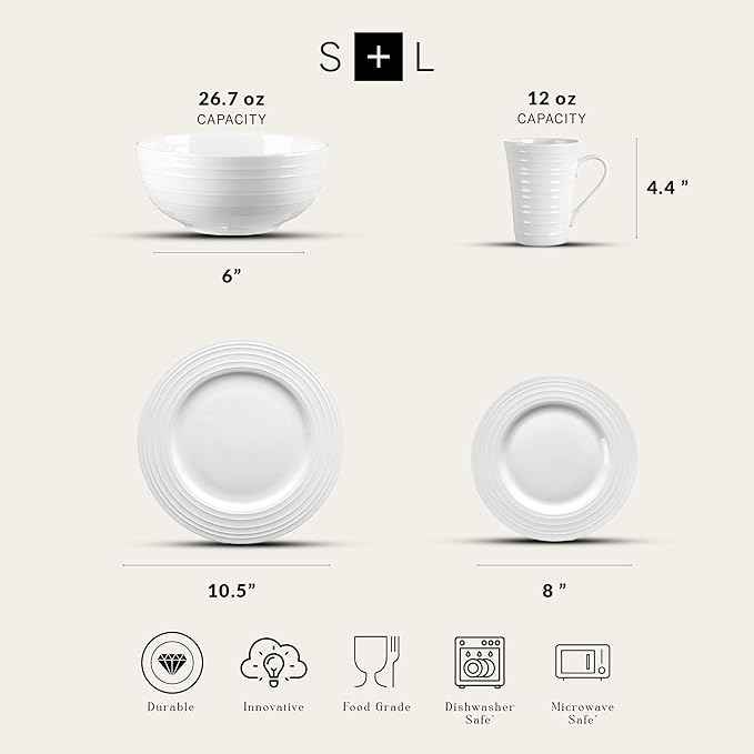 Stone Lain Eleanor Bone China 16 Piece Dinnerware, Plates and Bowls for 4, White Dish Collection with Mugs, Elegant Swirl Design, Microwave & Dishwasher Safe