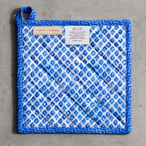 Pot Holders 100% Cotton Potholders (027 - Indigo Love / 8" x 8" (Pot Holder Pack of 1))