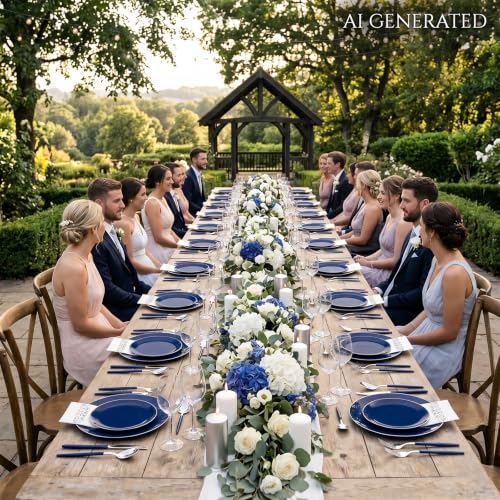 175Pcs Blue Plastic Plates with Silver Rim & Disposable Silverware with Blue Handle & Silver (Blue and Gold / 175)