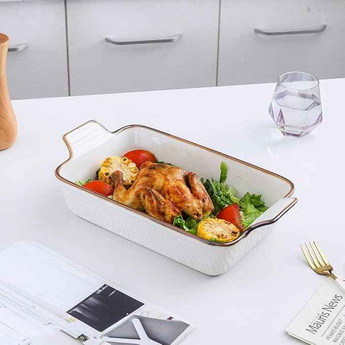 KOOV Bakeware Set, Ceramic Baking Dish Set, Rectangular Casserole Dish Set, Lasagna Pans for Cooking, Cake Dinner, Kitchen, 9 x 13 Inches, Texture Series 3-Piece (White)