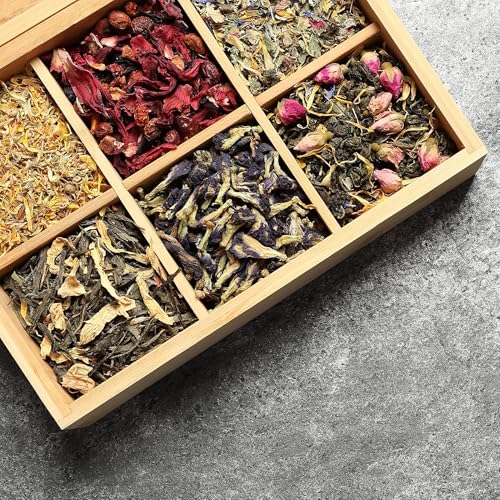 Tea Organizer Box Food Safe Chemical Free Bamboo Wood Storage Chest Big (6-Slot Rectangular / TEA Stamp)