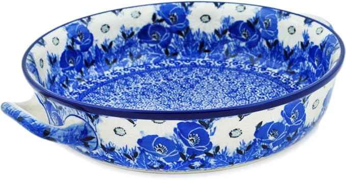 Polmedia Polish Pottery Round Baker with Handles 10-inch UNIKAT - Dancing In The Rain Pattern Handmade in Boleslawiec Poland by Ceramika Artystyczna + Certificate of Authenticity