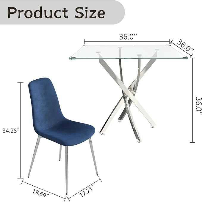 36" Square Glass Dining Table Set for 4, 5-Piece Modern Kitchen Table with 4 Blue Scoop-Shape Velvet Chairs, Modern Circle Leisure Table for Home Office Dining Room Small Spaces (Silver Leg)