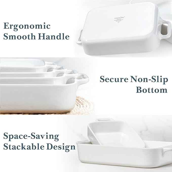 ONEMORE Casserole Dishes for Oven,9.5"x15.4" Baking Dishes Set of 4,Ceramic Bakeware Sets with Handles for Cooking, Baking,Serving, Wedding and Gifting, Baking Pan White , Microwave & Dishwasher Safe(7.5"/11.2"/13.4"/15.4")
