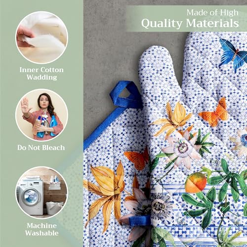 100% Cotton Oven Mitt & Pot Holder Set (087 - Passiflora / 7.5" x 13" & 8" x 8" (Oven Mitt & Pot Holder))