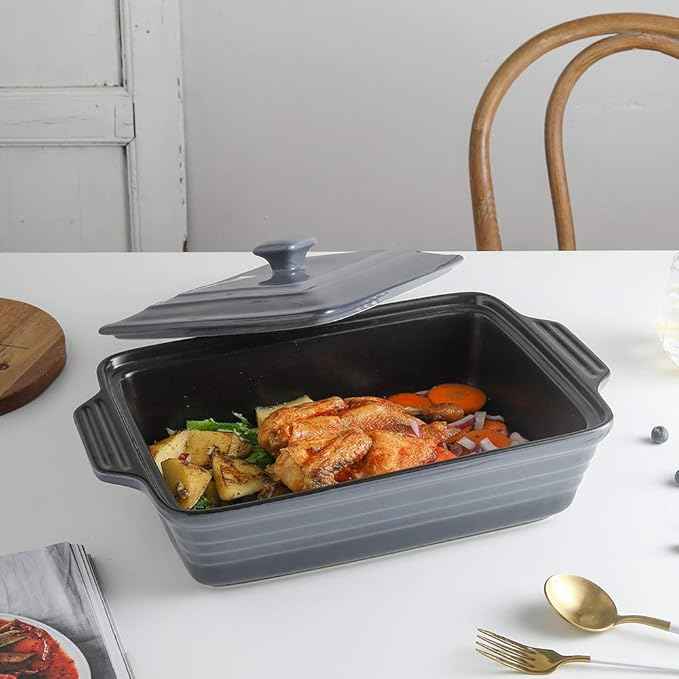 KOOV Ceramic Casserole Dish With Lid, Covered Rectangular Set, Lasagna Pan for Cooking, Baking Dish for Dinner, Kitchen, 9 x 13 Inches, Reactive Glaze (Gradient Grey)