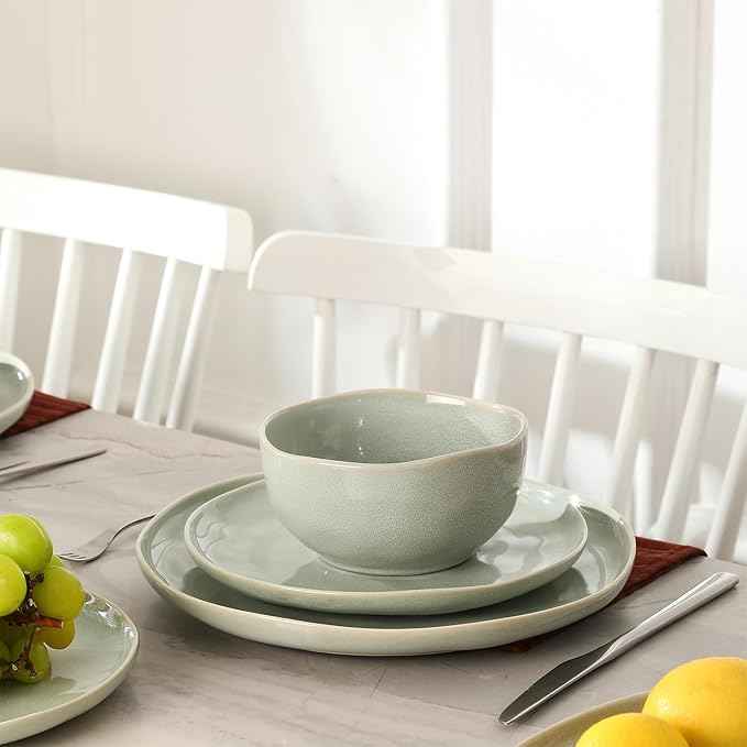 Stone Lain Mirella 24-Piece Dinnerware Set Stoneware, Plates and Bowls set, Microwave and Dishwasher Safe, Dish Set for 8, Light Green