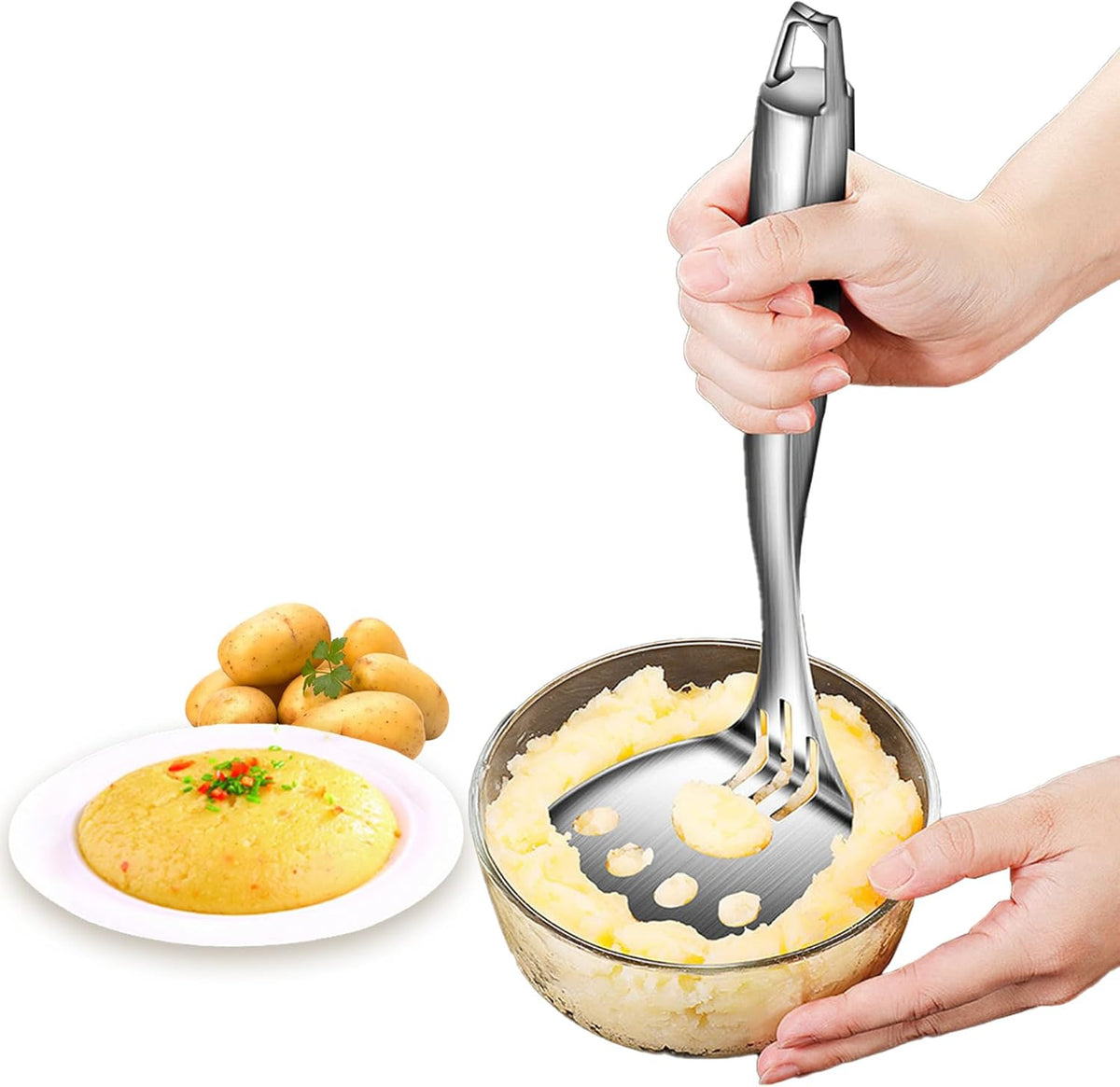 Mashed Potato Masher, Bean Smasher with Stainless Steel Handle, Heavy Duty Meat Masher Triturador de Papas para Pure, Suit for Potato, Guacamole, Fruits, Avocado, Bean and More - HomeSpice