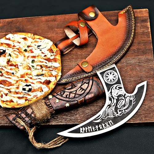 Pizza Cutter Axe Rocker Carbon Steel Slicer Chef Pizza Cutter Viking Axe with Leather Cover (Royal Skull)