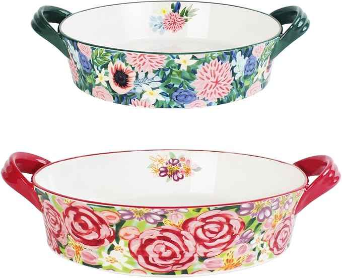 Two-piece baking pan set: Hand-painted floral ceramic baking pan with creative double handles, suitable for lasagna, quiche, apple pie, etc, a housewarming or wedding gift. (Combination 1)