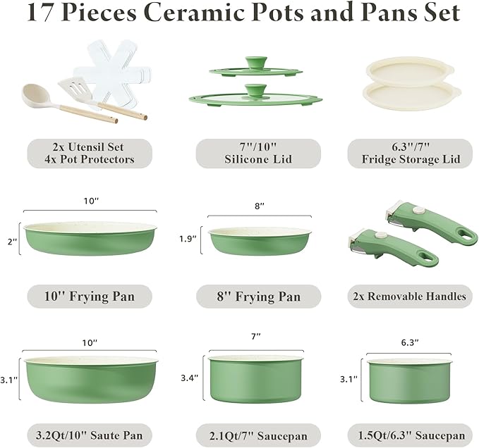Bazova Ceramic Nonstick Cookware Set, Healthy,Non Toxic,17-Pieces Pots and Pans Set Removable Handles,Induction RV Kitchen Set,Stain & Scratch-resistant,Dishwasher/Oven Safe,PFAS/PFOA Free,Green