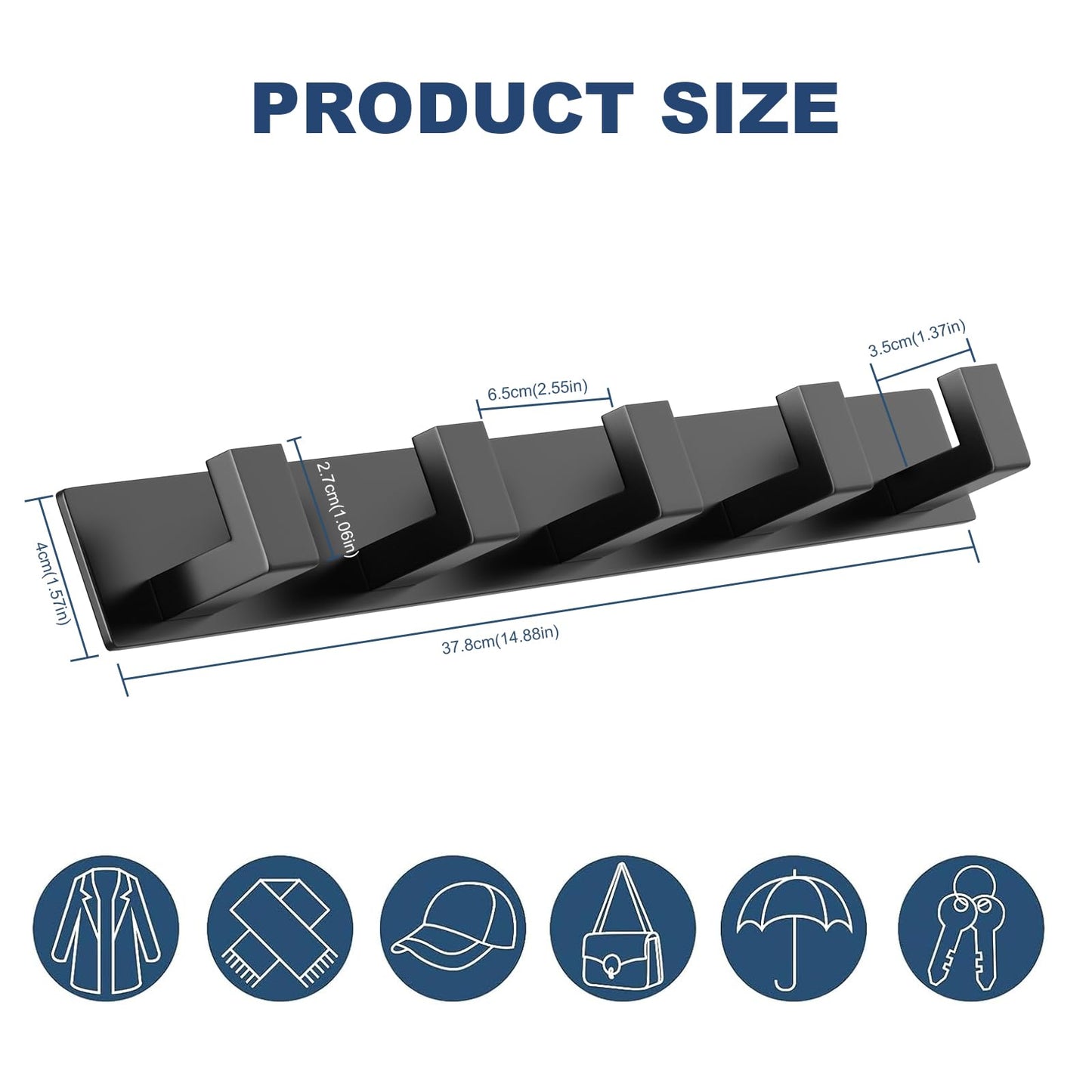 Stainless Steel Wall Coat Rack (Black / 5 "L" Hooks, 2PACK)