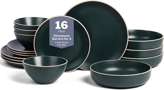 Stone Lain Lauren Modern Stoneware 16-piece Round Dinnerware Set, Plates and Bowls Set, Dish set for 4, Dark Green